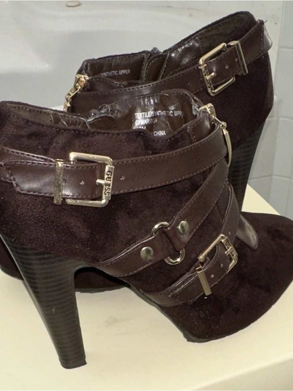 Guess Women's Dark Brown Suede Buckle Strap High Heel Ankle Boots